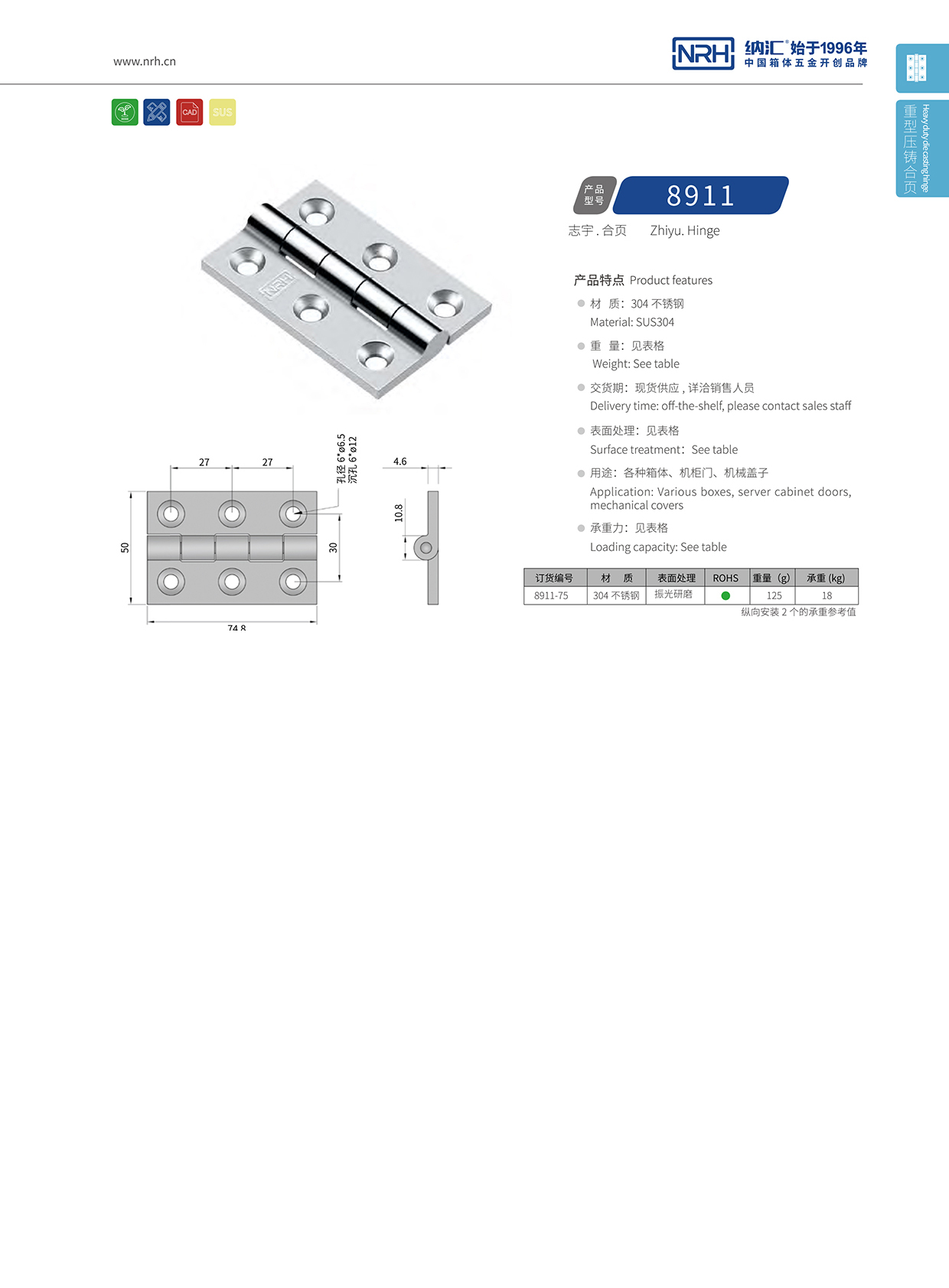  納匯/NRH 8911-75 工業鉸鏈
